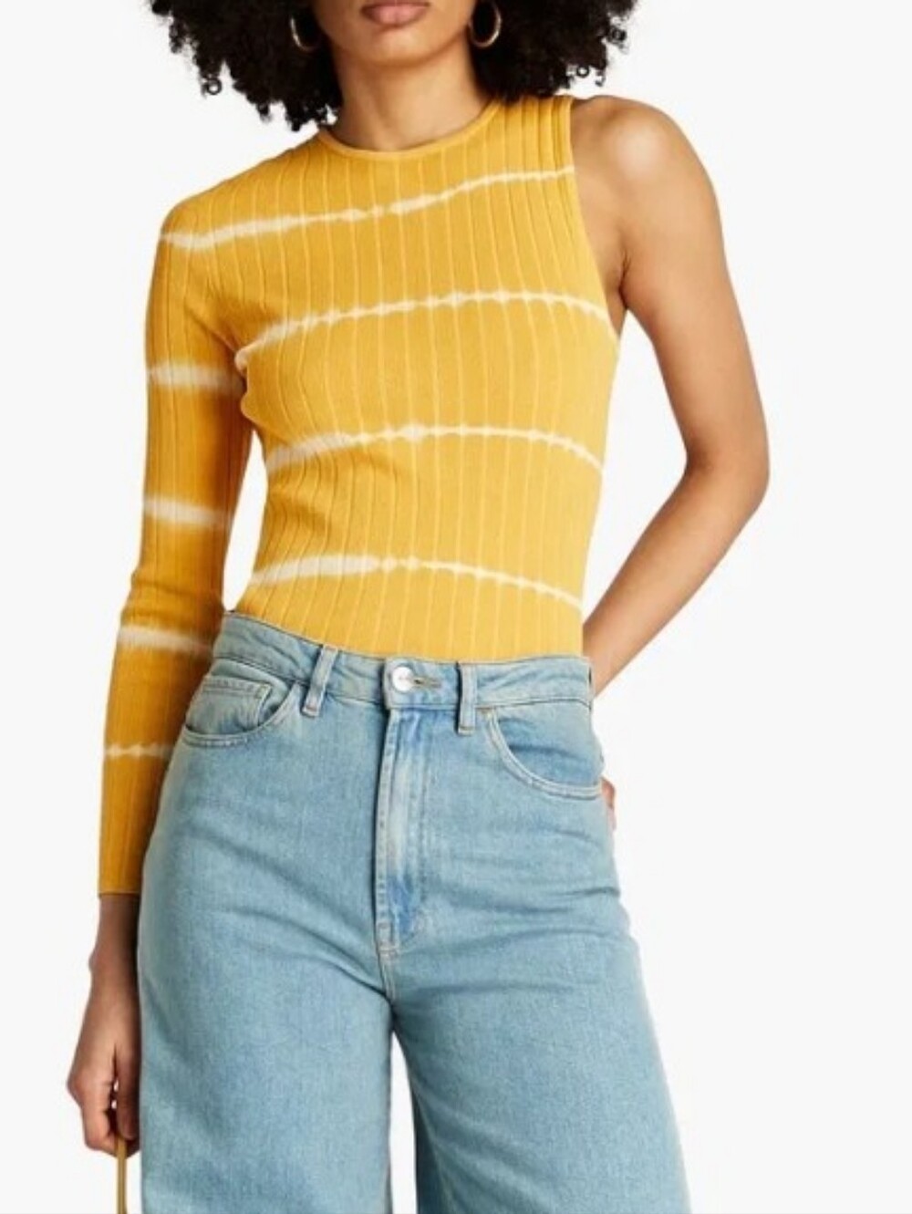 SANDRO Bali One-Sleeve Striped Ribbed-Knit Top Size 1 Yellow and White